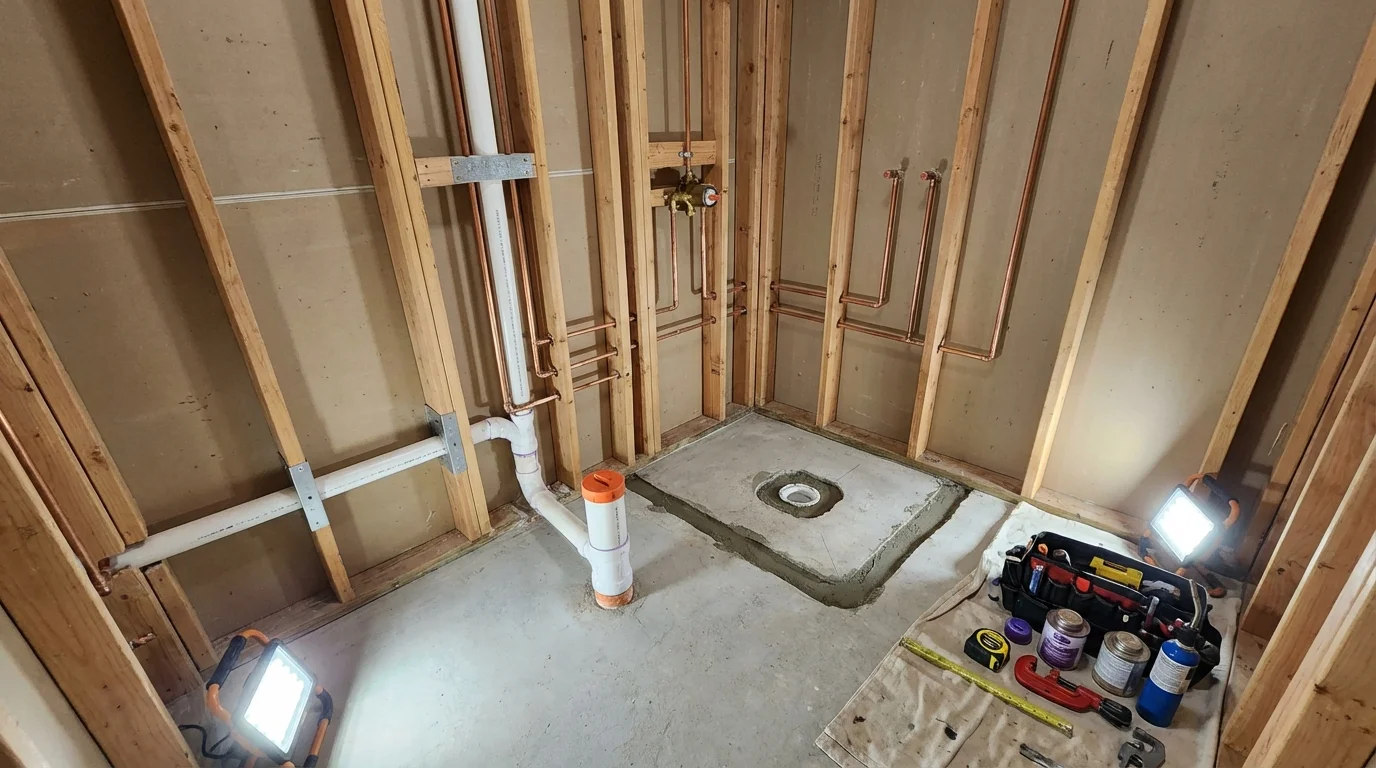 Bathroom rough-in plumbing during remodel by Johns Plumbing LLC in Somers