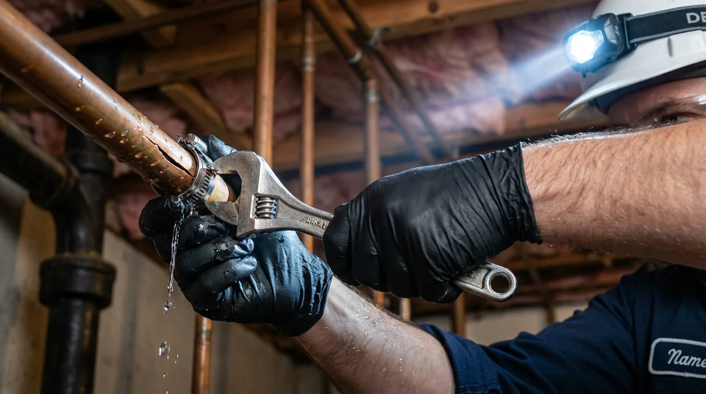 Emergency pipe clamp repair being performed by a Johns Plumbing LLC plumber in Somers