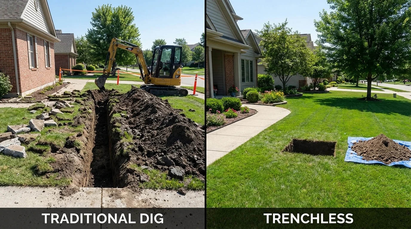 Trenchless sewer repair with minimal yard damage versus traditional excavation in Somers, CT